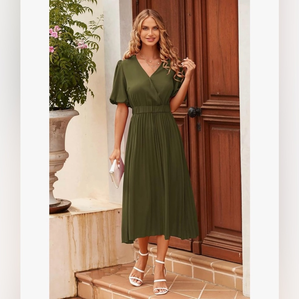 Olive Green Midi Dress with Pleated Skirt – Size L